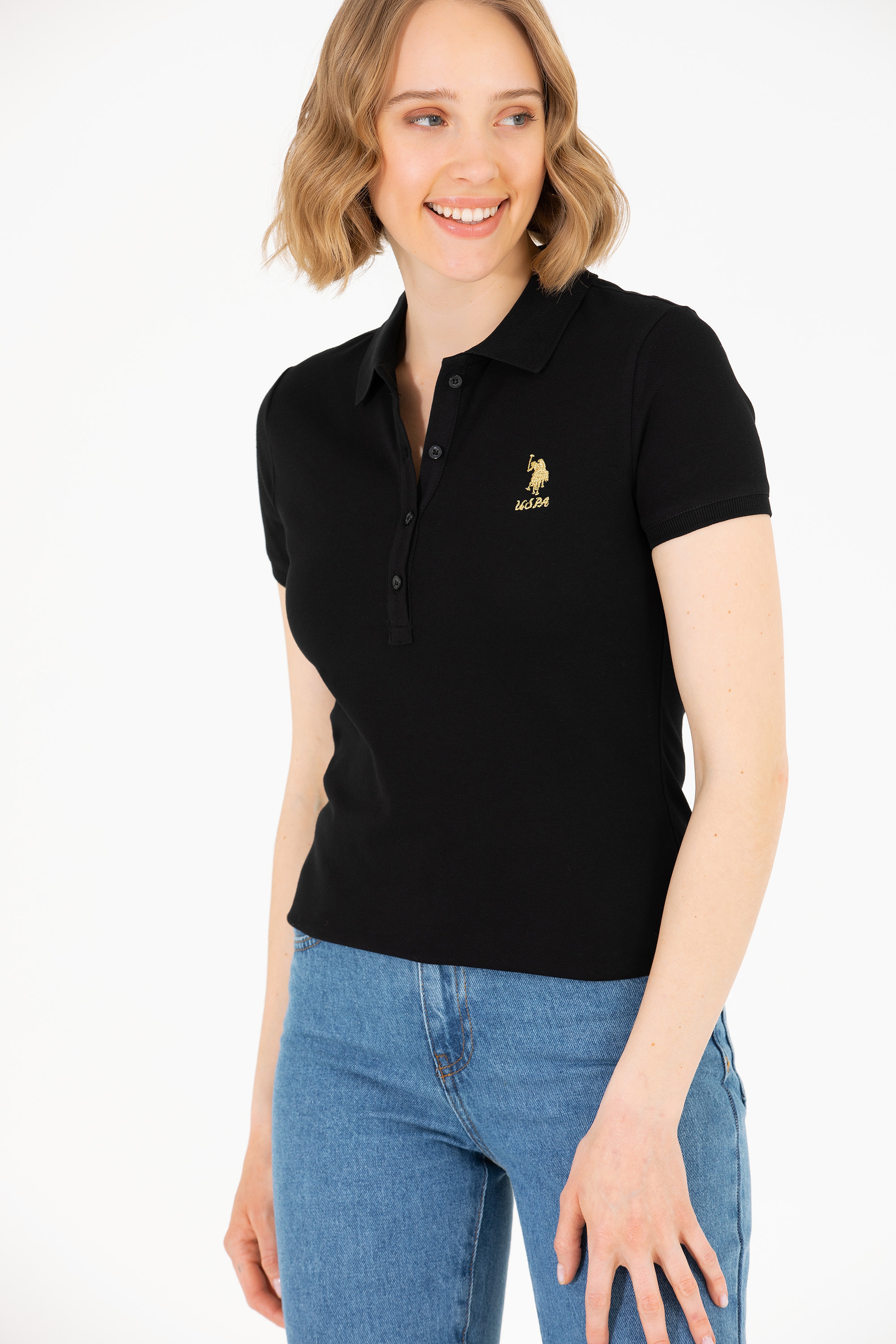 Kadın Siyah Basic Polo Yaka Tişört - Image 2
