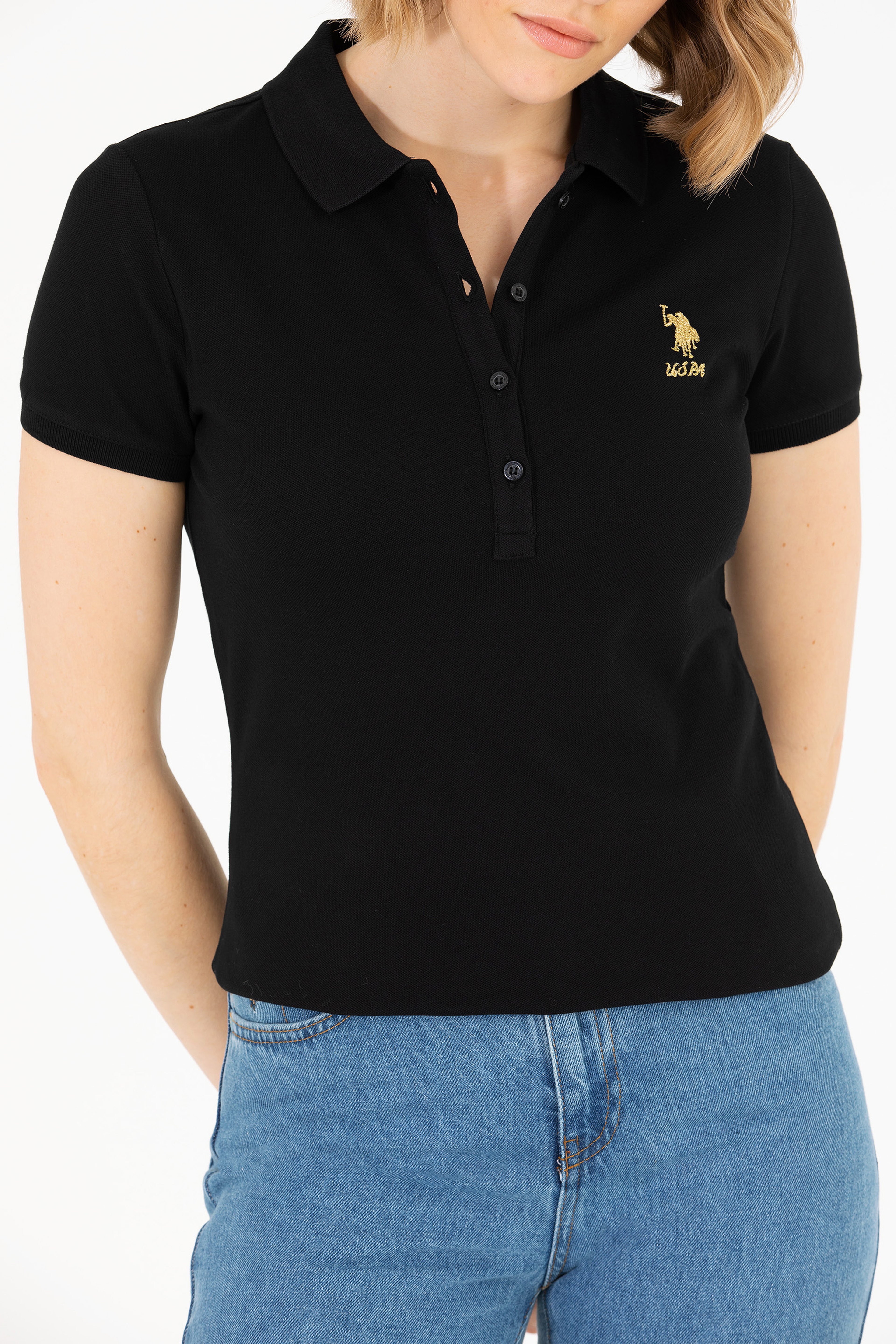 Kadın Siyah Basic Polo Yaka Tişört - Image 6