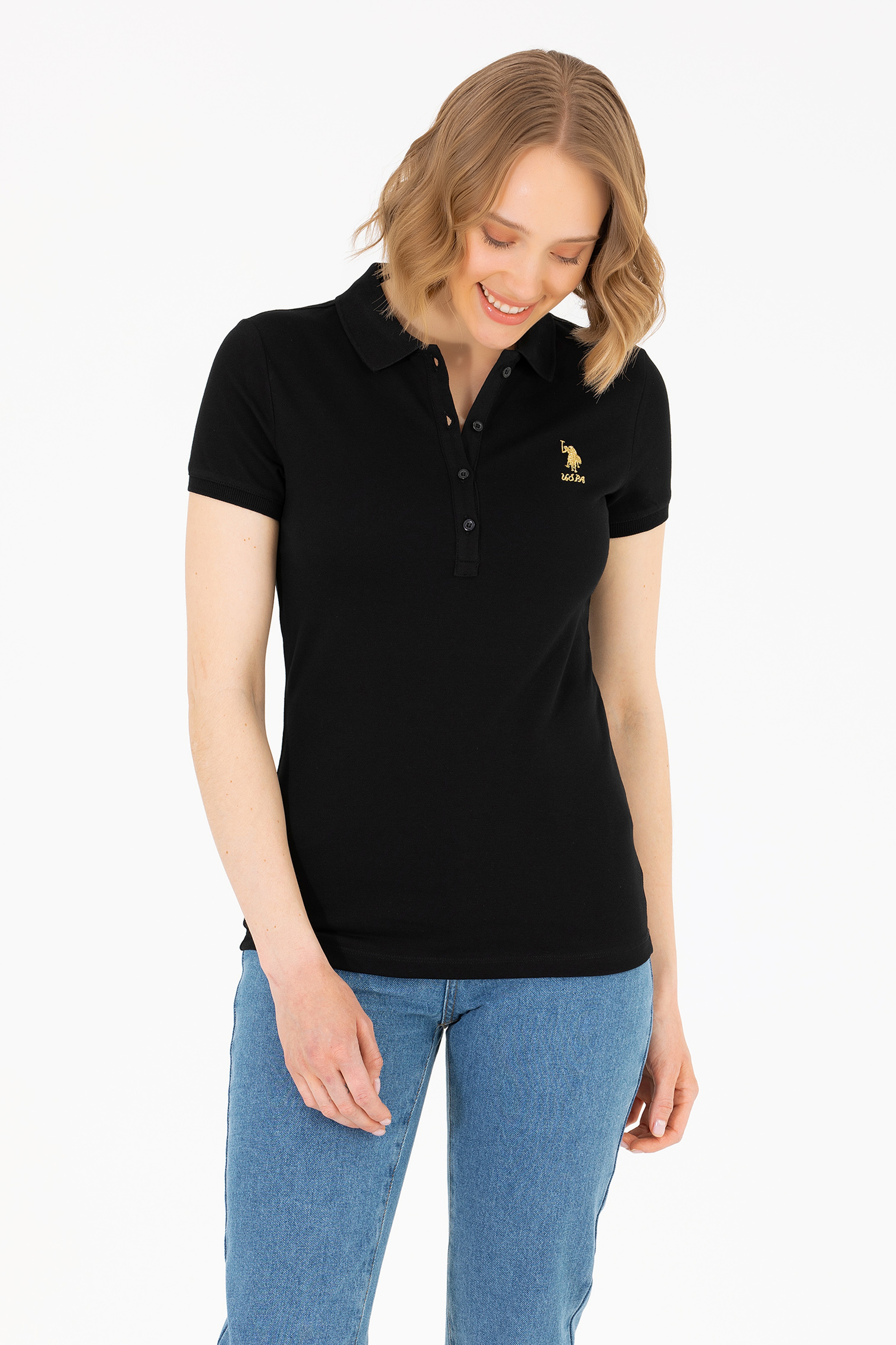 Kadın Siyah Basic Polo Yaka Tişört - Image 1