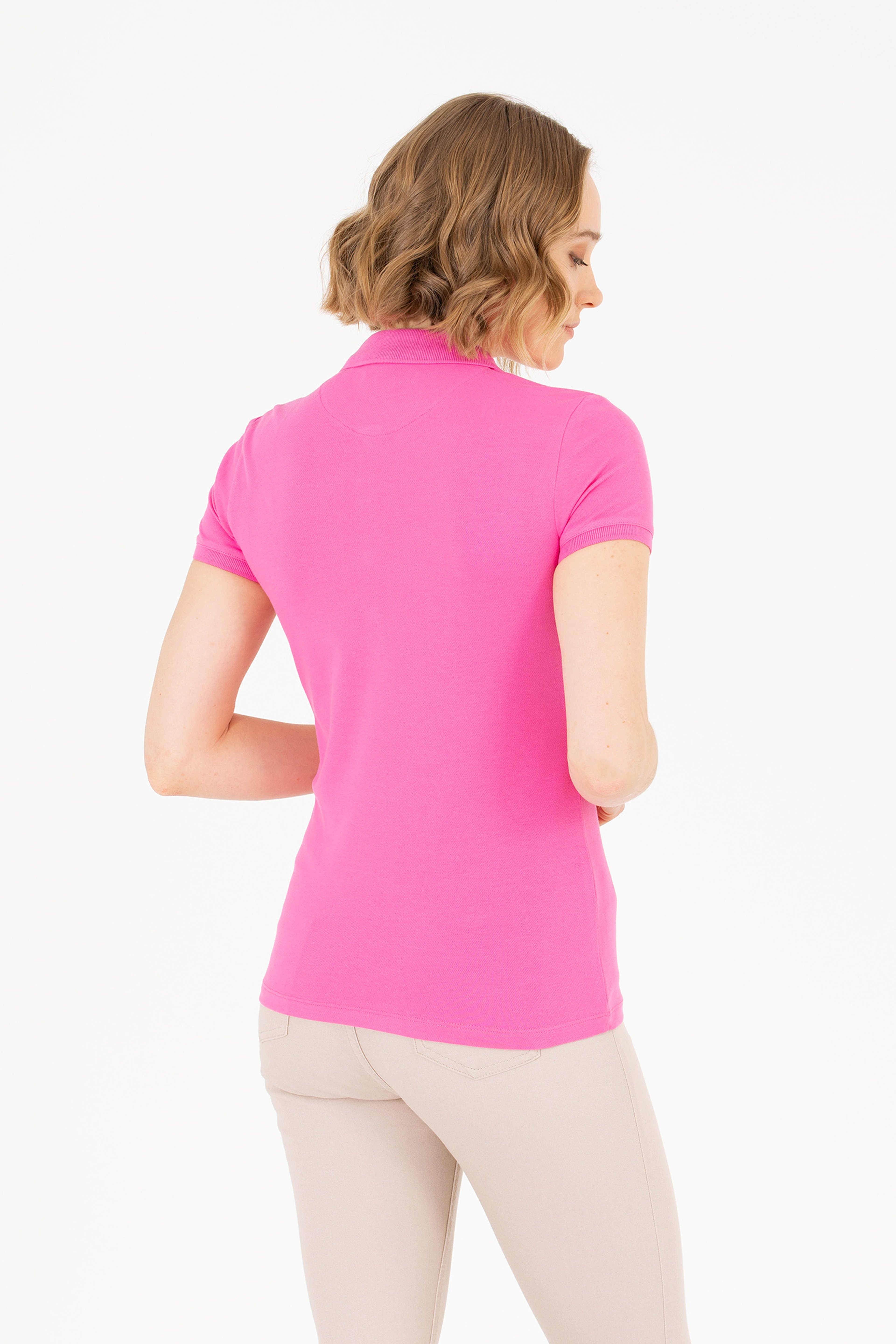 Kadın Pembe Basic Polo Yaka Tişört - Image 5