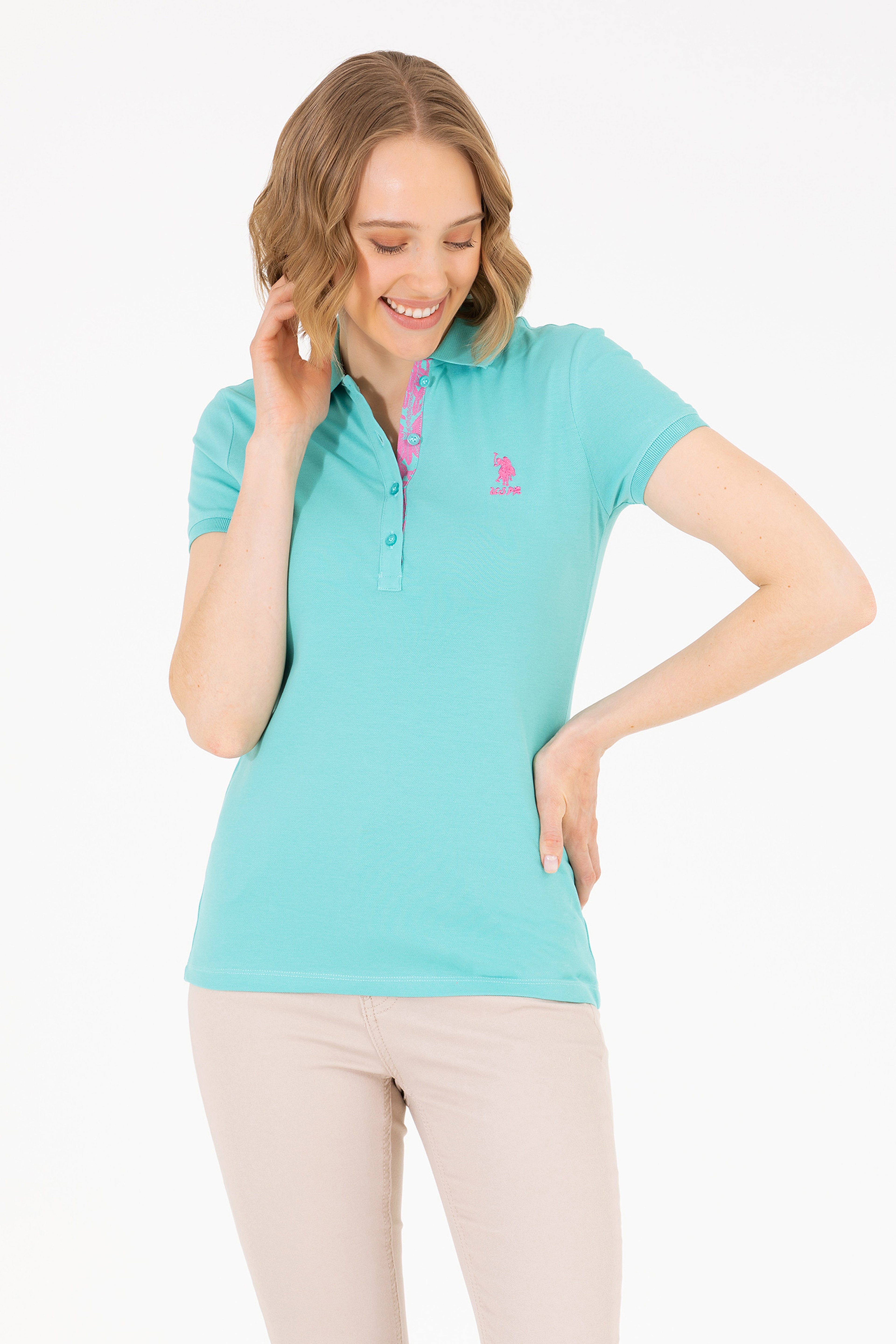 Kadın Mint Basic Polo Yaka Tişört - Image 1