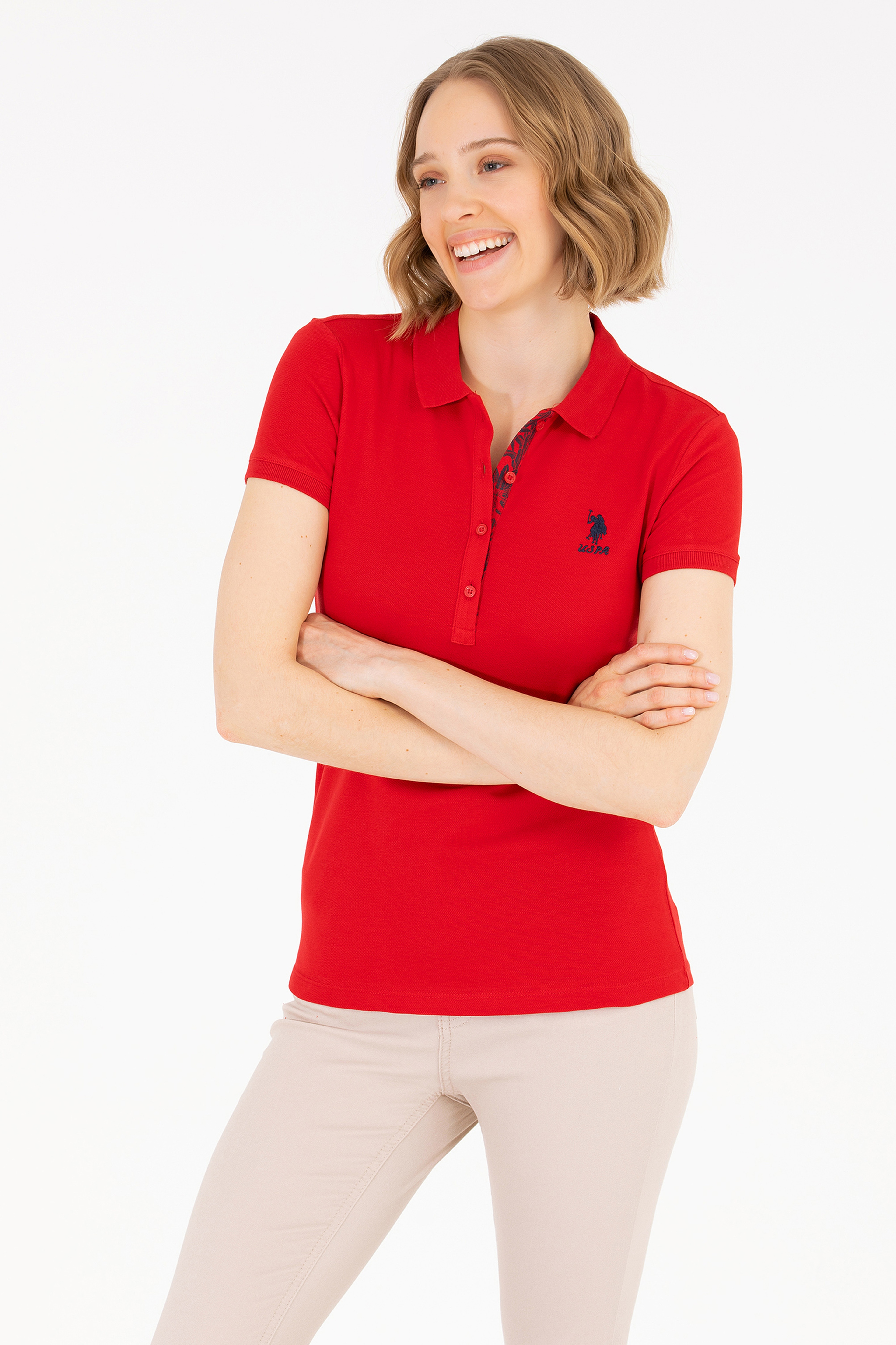 Kadın Kırmızı Basic Polo Yaka Tişört - Image 2