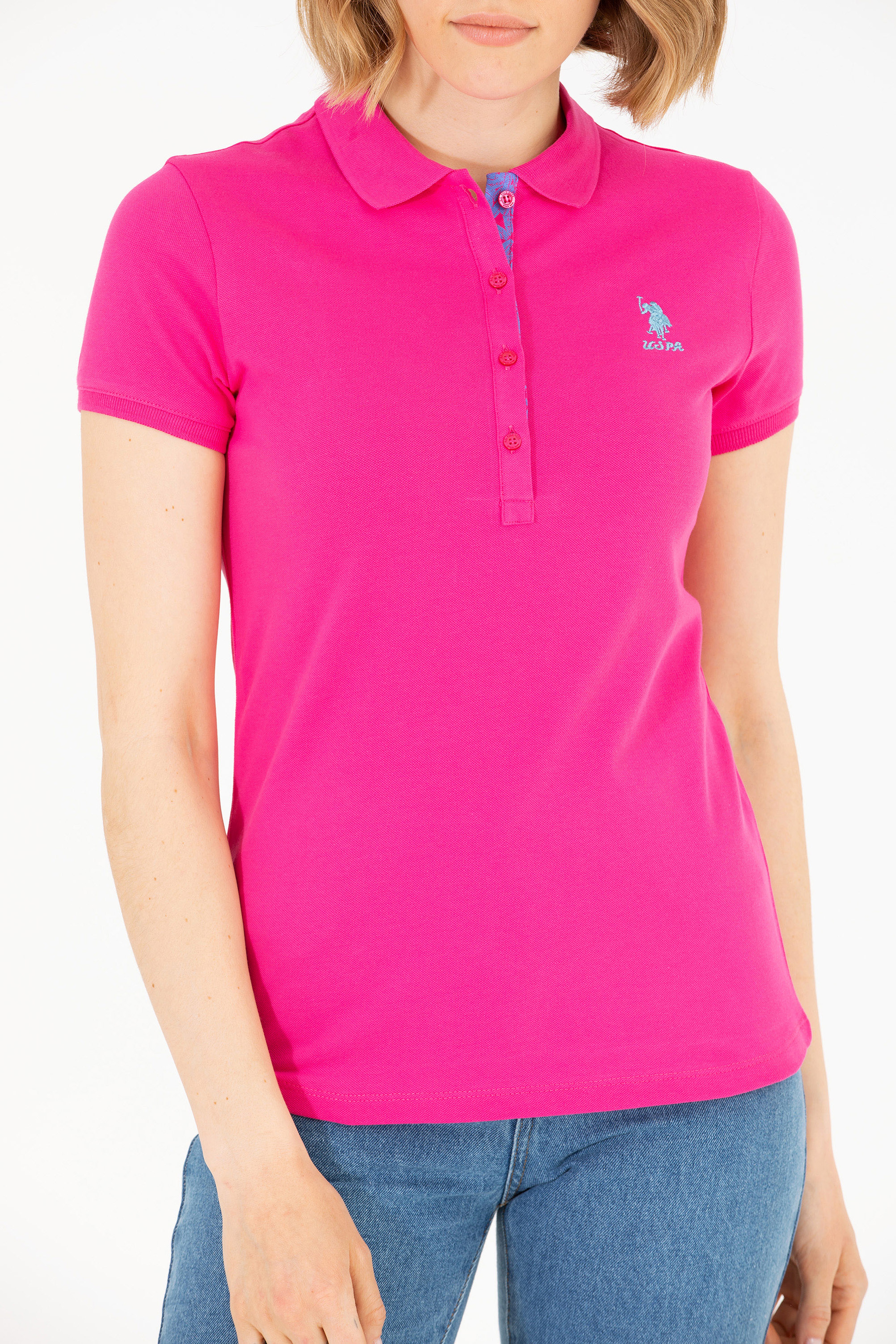 Kadın Fuşya Basic Polo Yaka Tişört