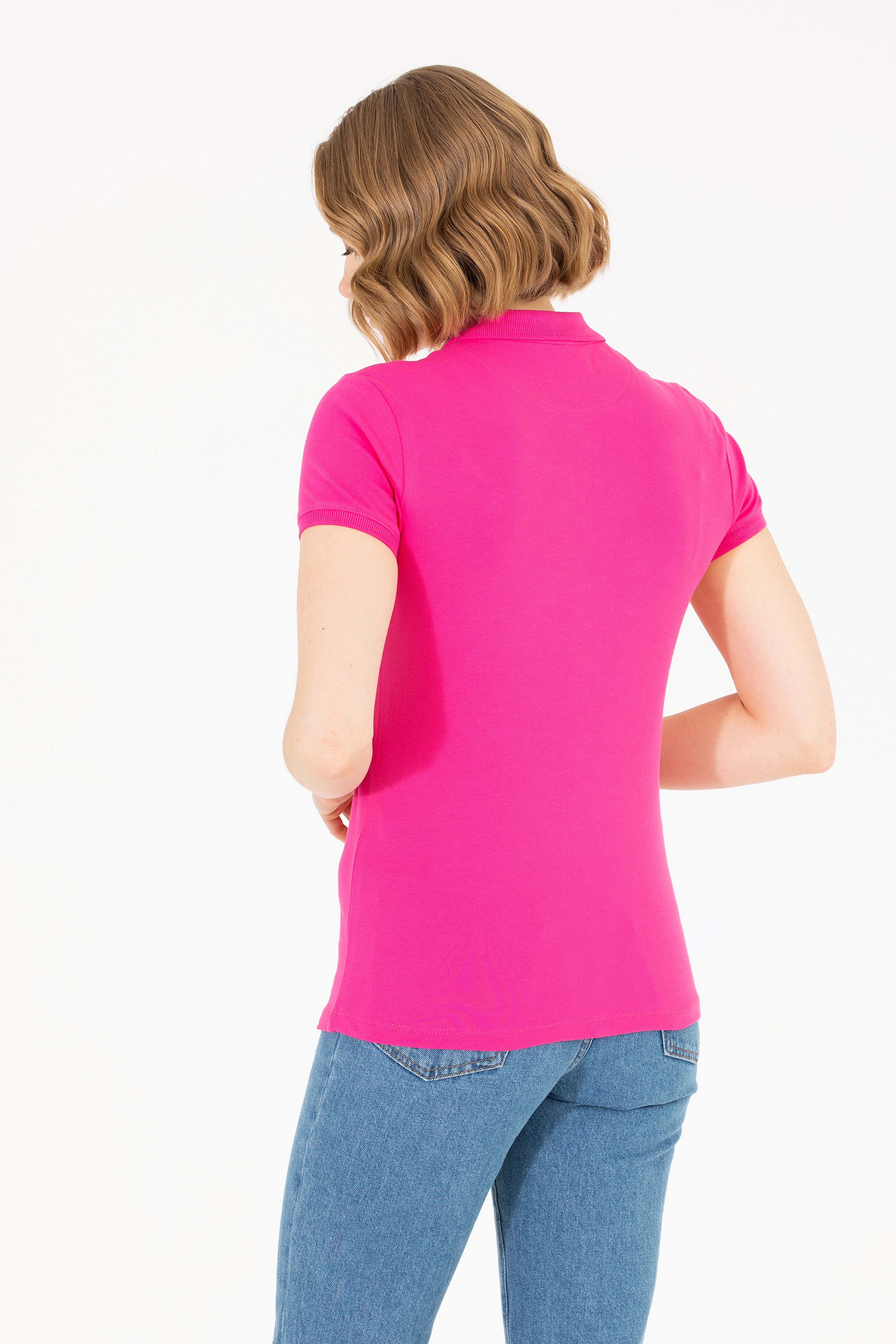 Kadın Fuşya Basic Polo Yaka Tişört - Image 5
