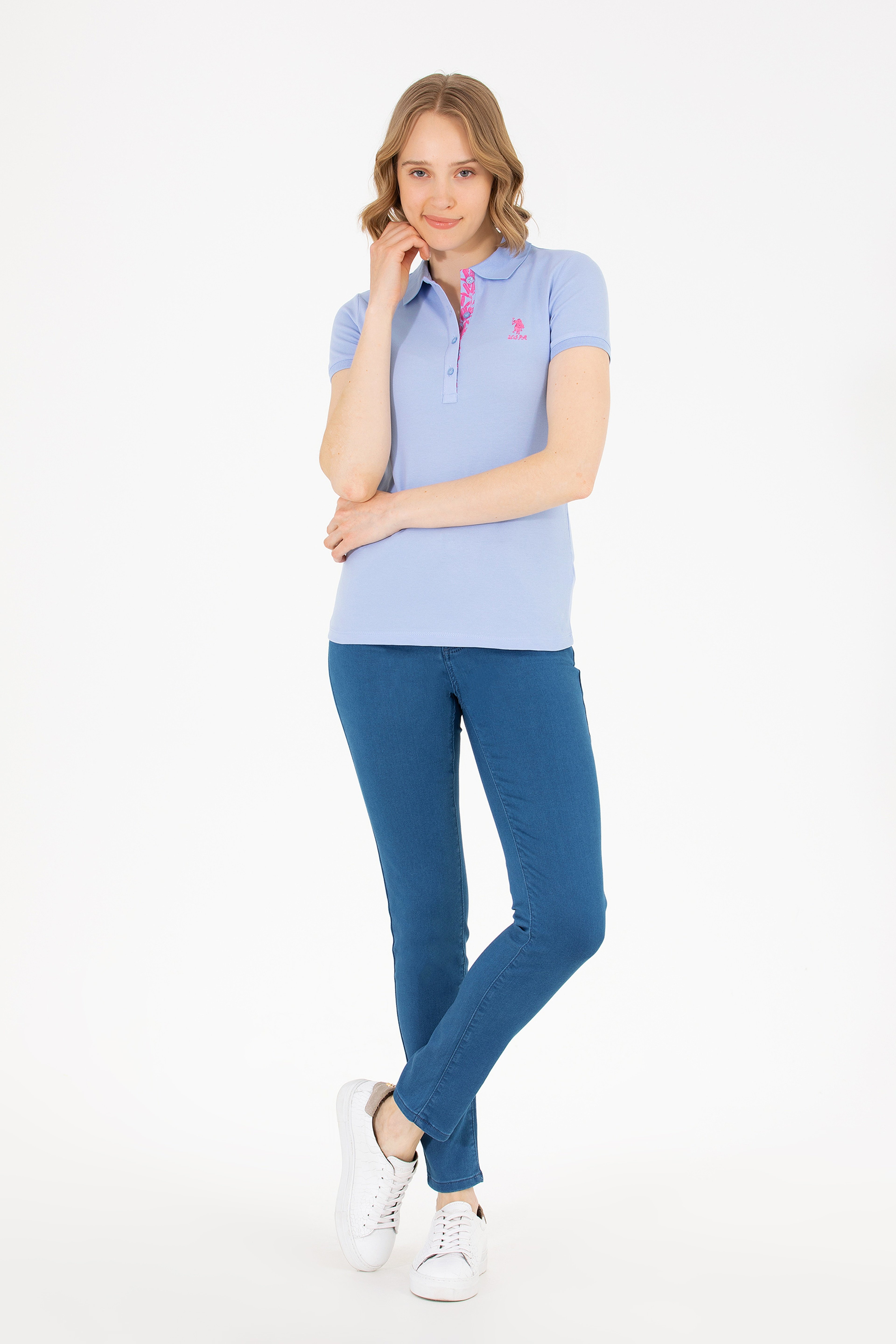 Kadın Mavi Basic Polo Yaka Tişört - Image 4