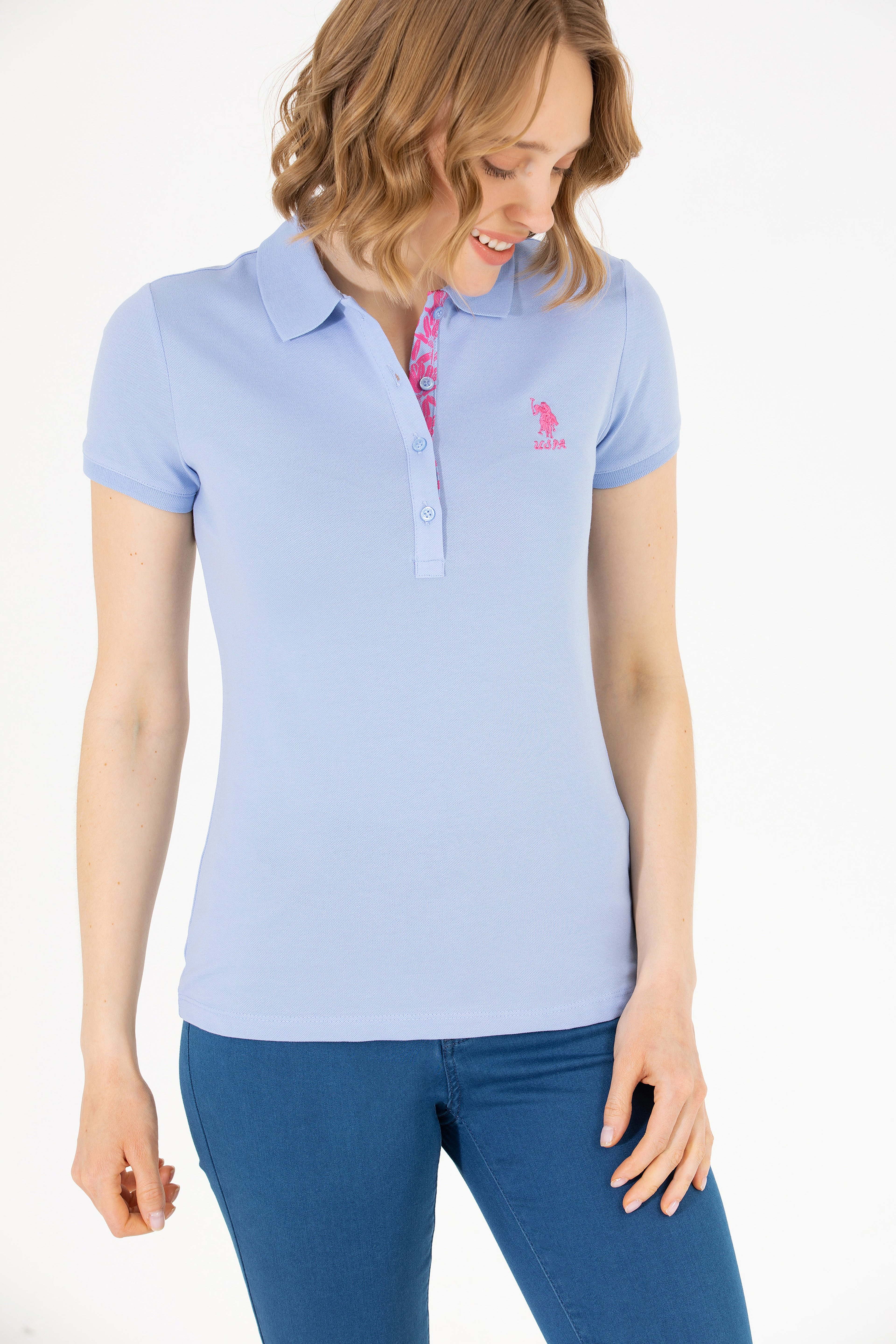 Kadın Mavi Basic Polo Yaka Tişört - Image 2