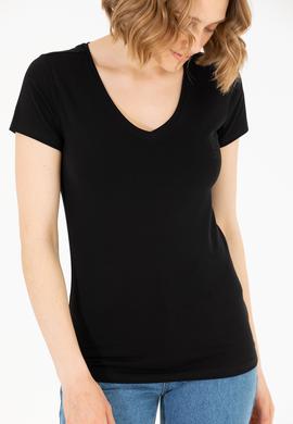 Kadın Siyah V Yaka Basic Tişört - 50263976020
