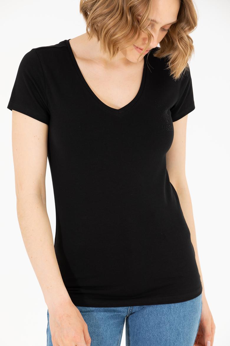 Kadın Siyah V Yaka Basic Tişört - 50263976020