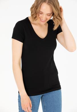 Kadın Siyah V Yaka Basic Tişört - 50263976020
