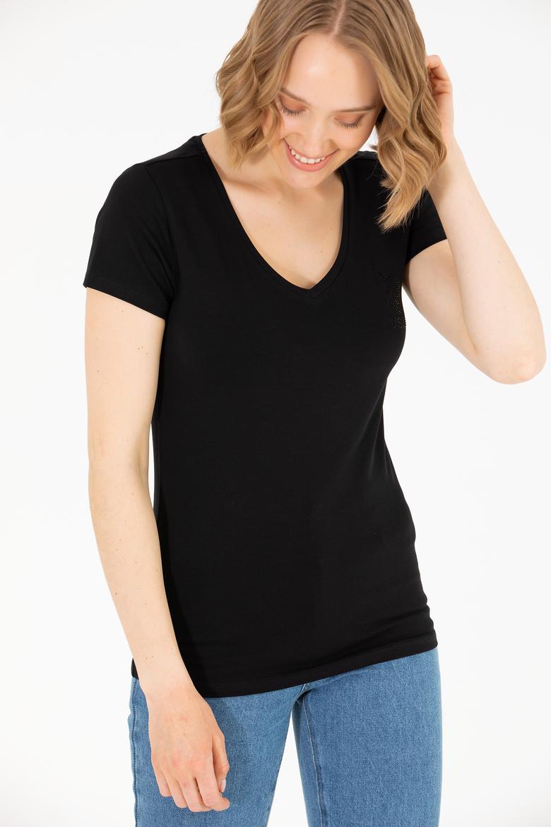 Kadın Siyah V Yaka Basic Tişört - 50263976020