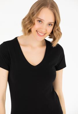 Kadın Siyah V Yaka Basic Tişört - 50263976020