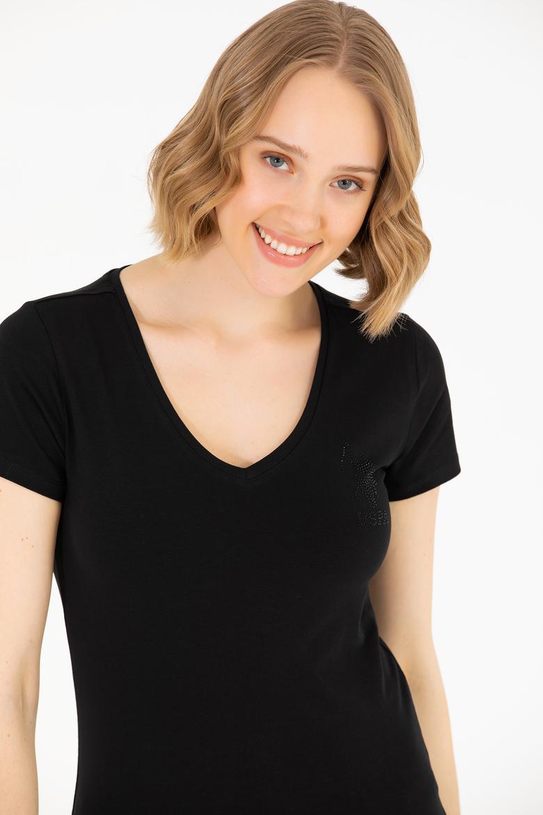 Kadın Siyah V Yaka Basic Tişört - 50263976020