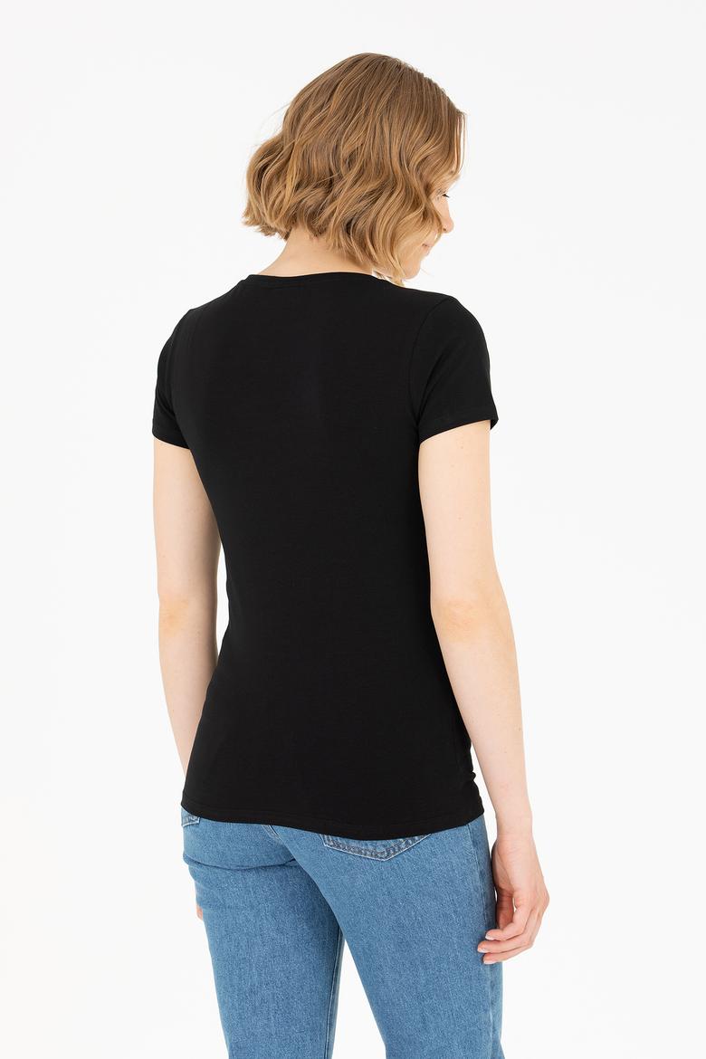 Kadın Siyah V Yaka Basic Tişört - 50263976020
