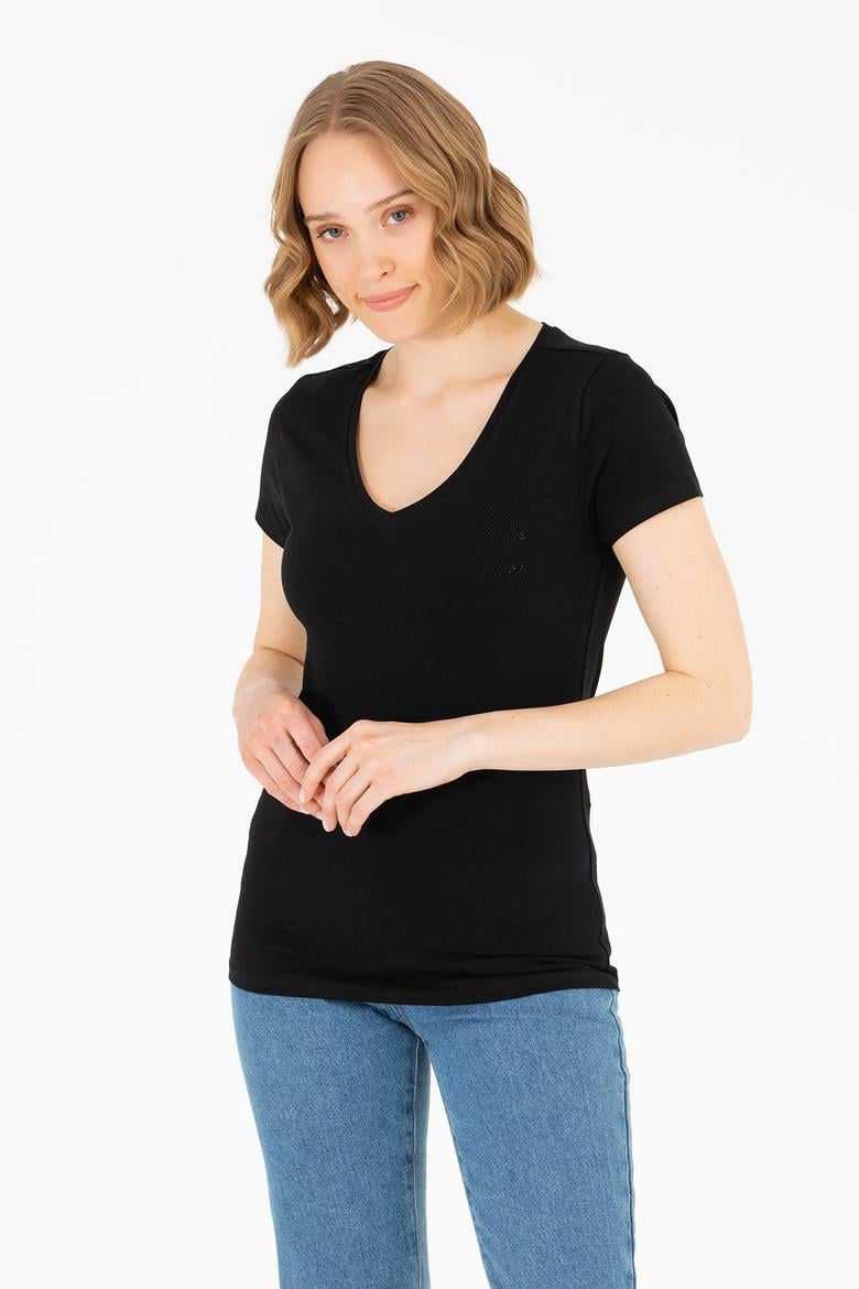 Kadın Siyah V Yaka Basic Tişört