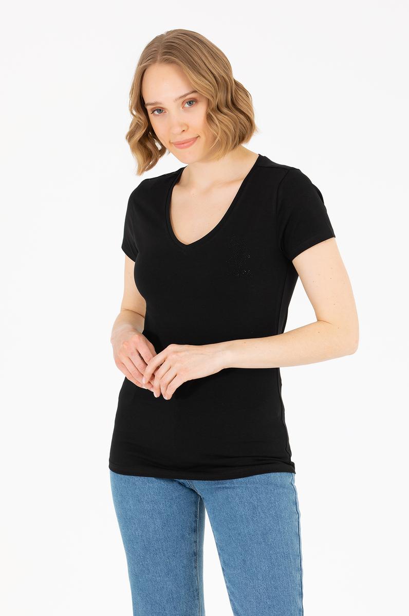 Kadın Siyah V Yaka Basic Tişört