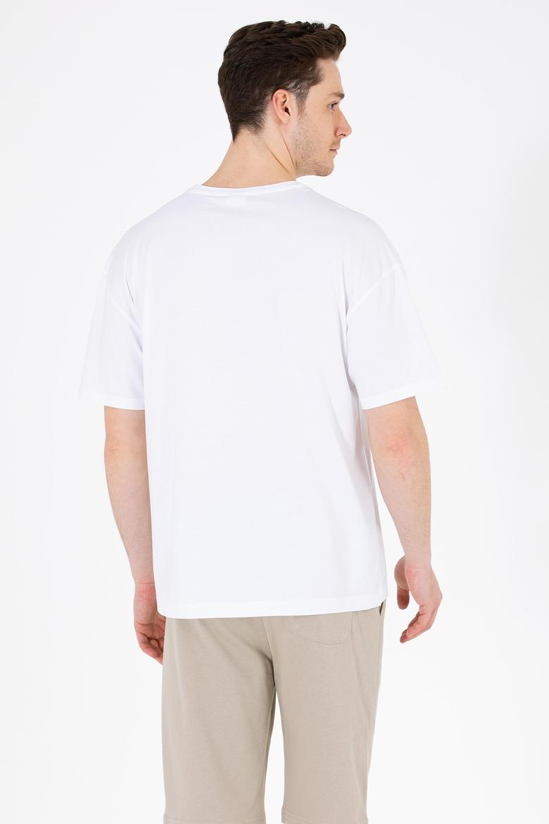 Erkek Beyaz Oversize Bisiklet Yaka Tişört - 50264917018