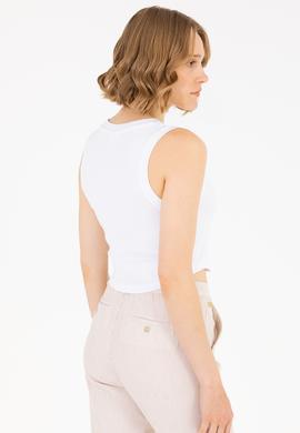 Kadın Beyaz Bisiklet Yaka Crop Basic Tişört - 50270100006