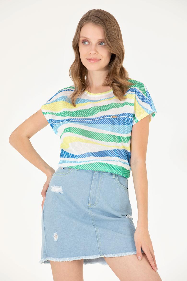 Kadın Saks Bisiklet Yaka Tişört - 50263601013