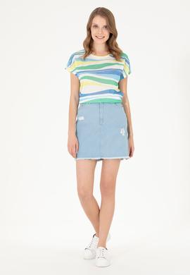 Kadın Saks Bisiklet Yaka Tişört - 50263601013