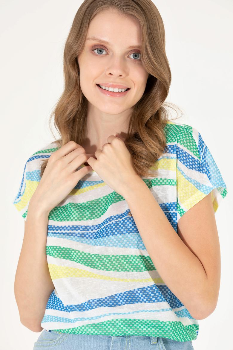 Kadın Saks Bisiklet Yaka Tişört - 50263601013