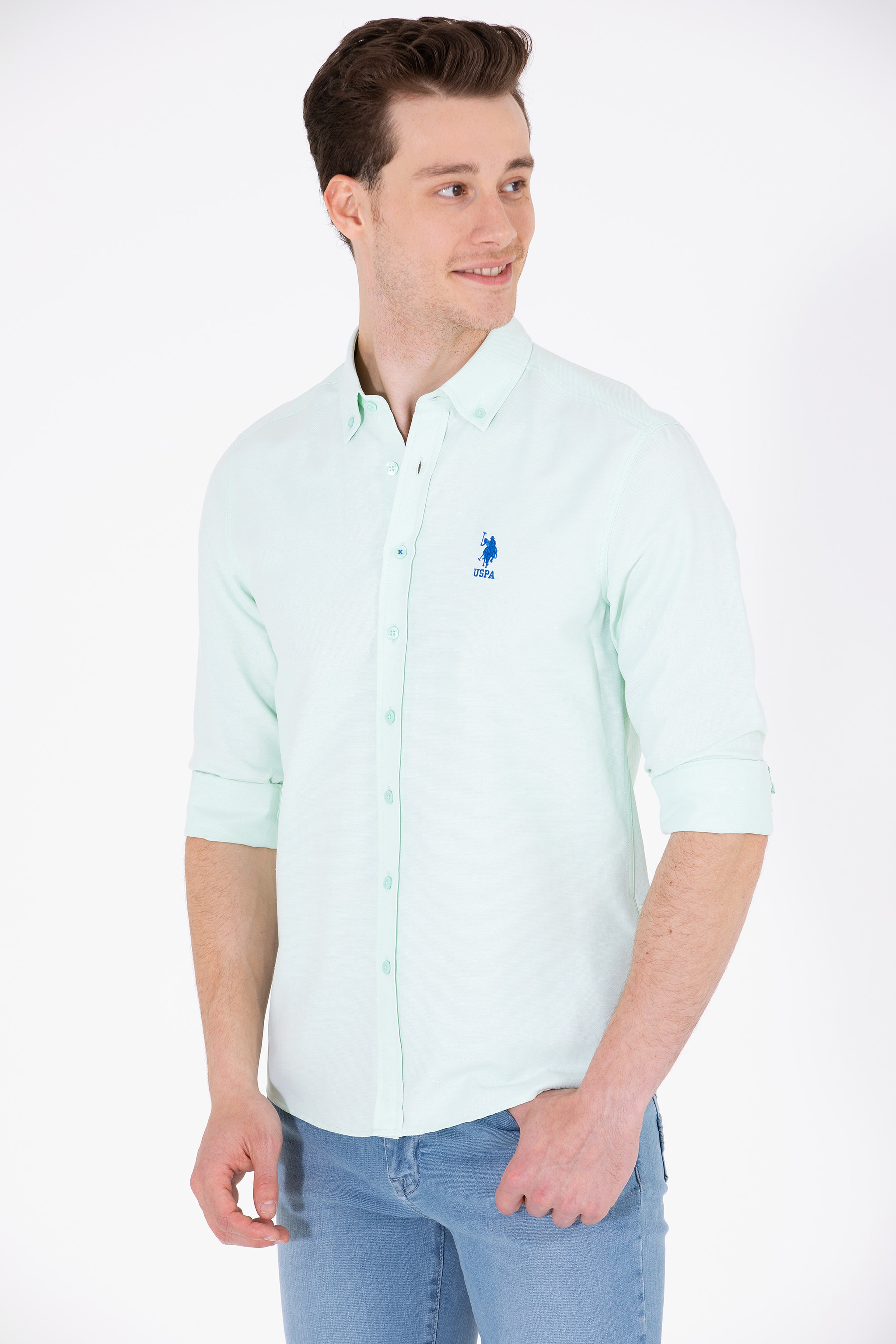 Erkek Su Yeşili Uzun Kollu Basic Gömlek - Image 2
