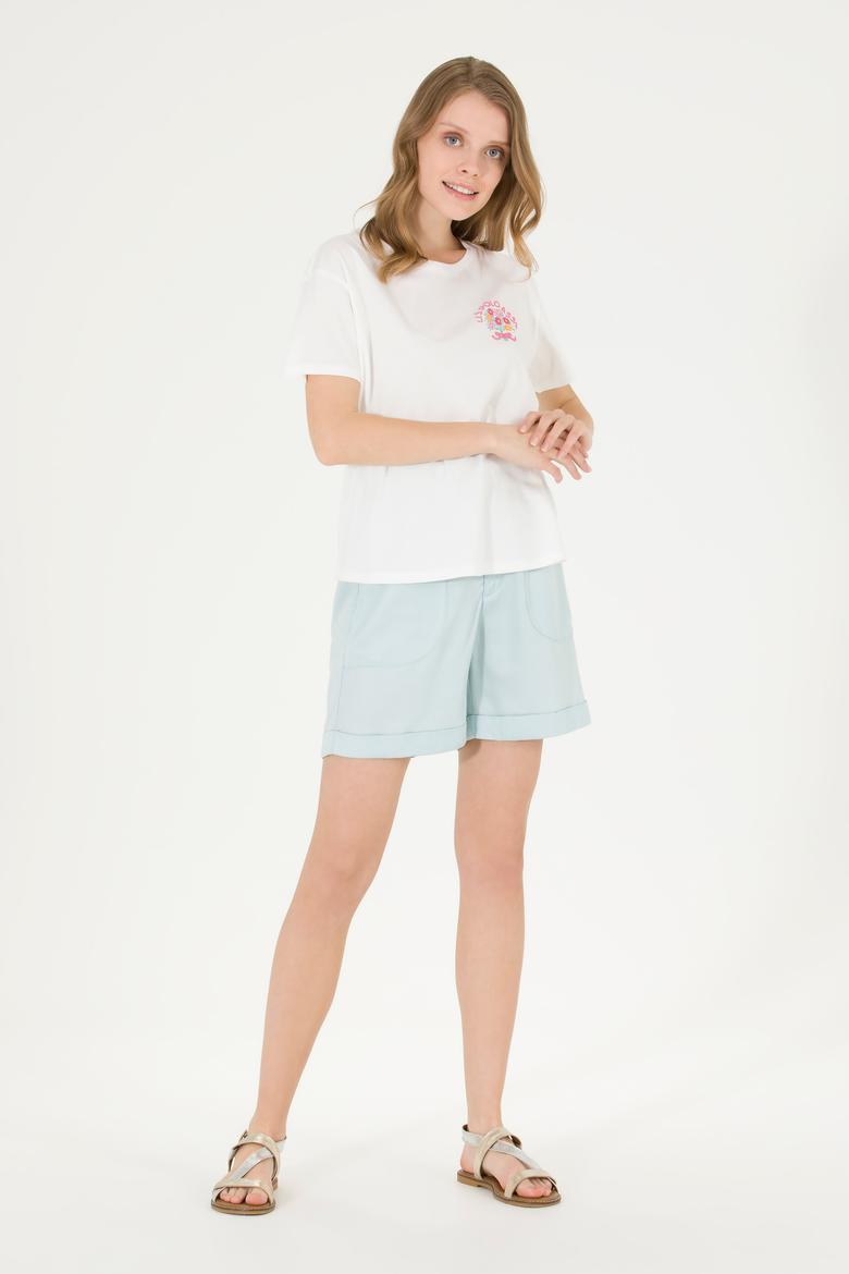 Kadın Ekru Bisiklet Yaka Tişört - 50266362009