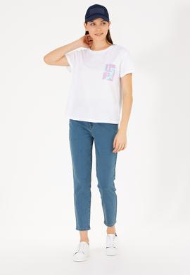 Kadın Beyaz Bisiklet Yaka Tişört - 50262943006