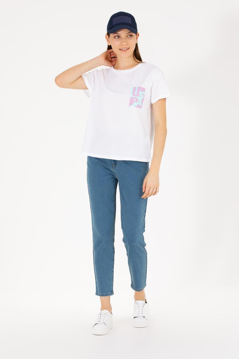 Kadın Beyaz Bisiklet Yaka Tişört - 50262943006