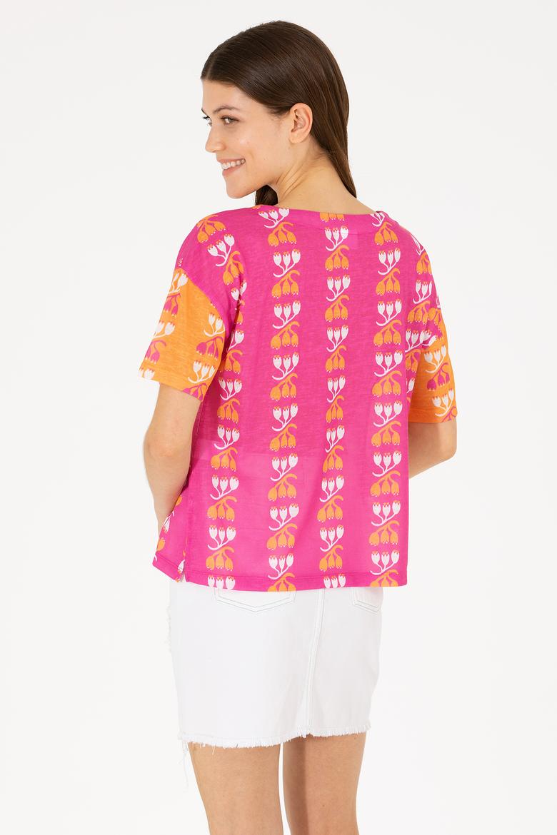 Kadın Pembe Bisiklet Yaka Tişört - 50263588018