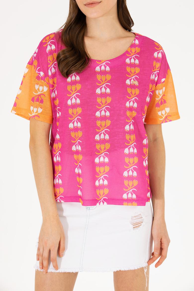 Kadın Pembe Bisiklet Yaka Tişört - 50263588018