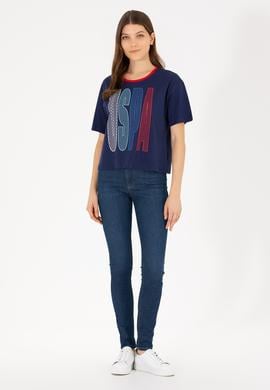 Kadın Lacivert Bisiklet Yaka Tişört - 50264203027