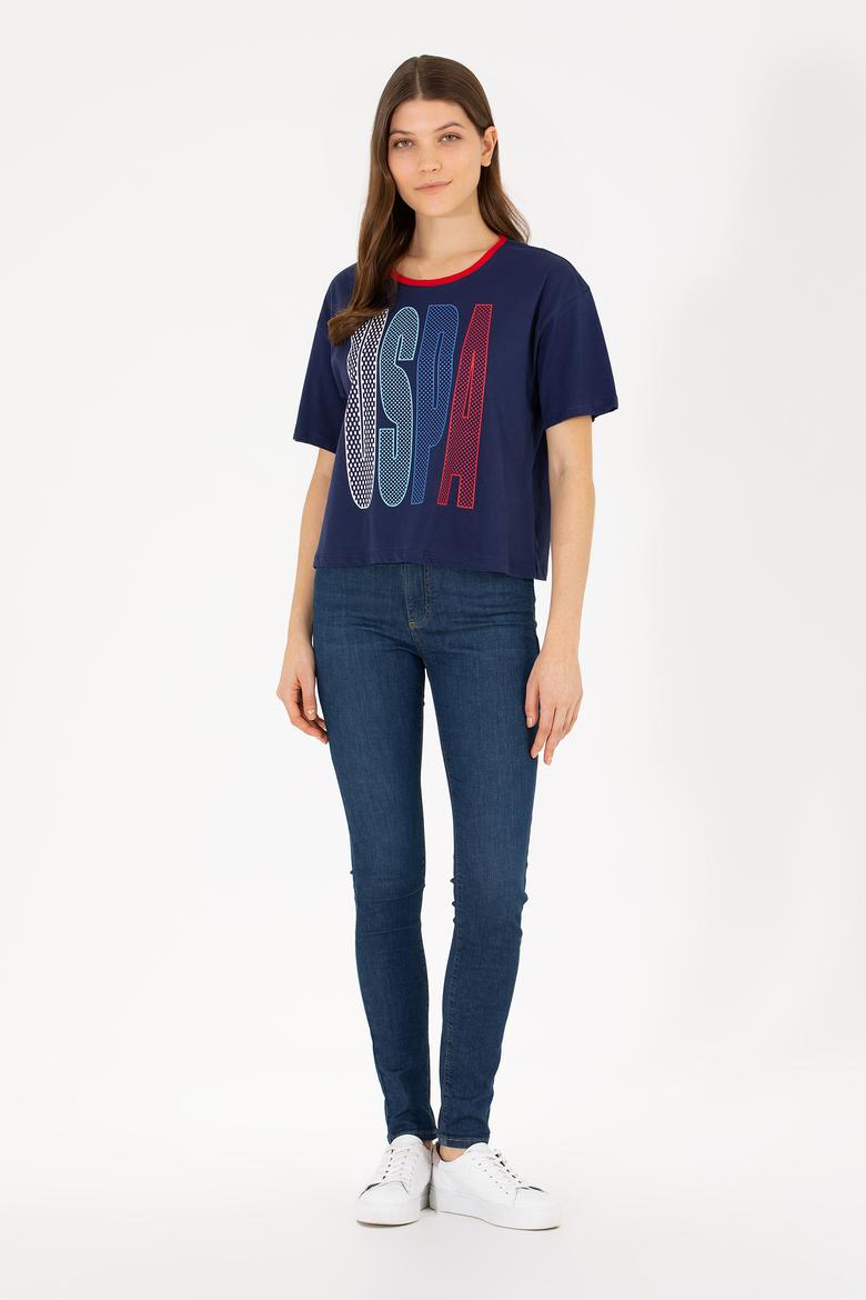Kadın Lacivert Bisiklet Yaka Tişört - 50264203027