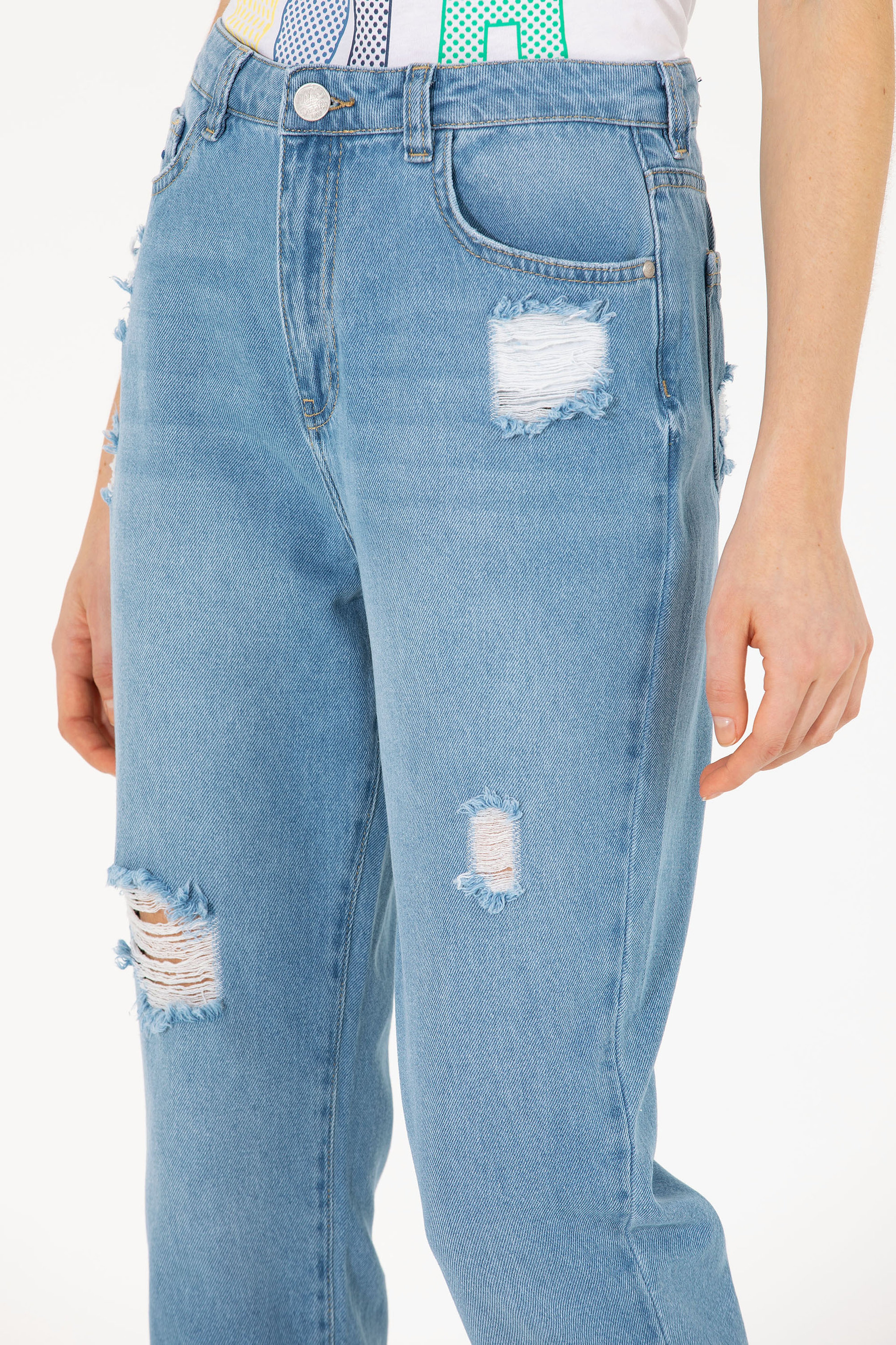 Kadın Açık Mavi Mom High Waist Fit Jean Pantolon - Image 5