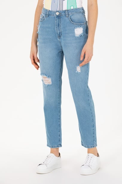 Kadın Açık Mavi Mom High Waist Fit Jean Pantolon