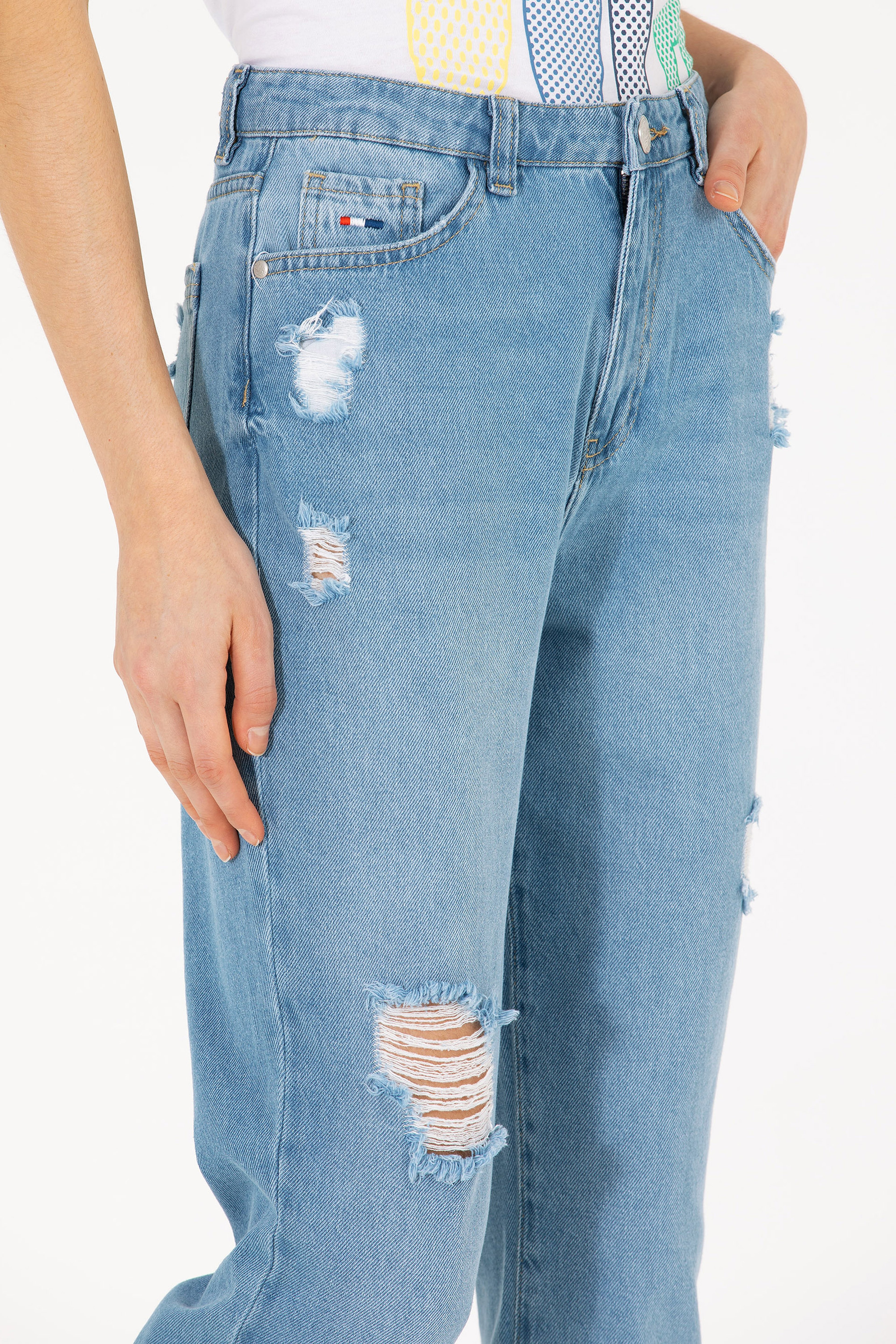 Kadın Açık Mavi Mom High Waist Fit Jean Pantolon