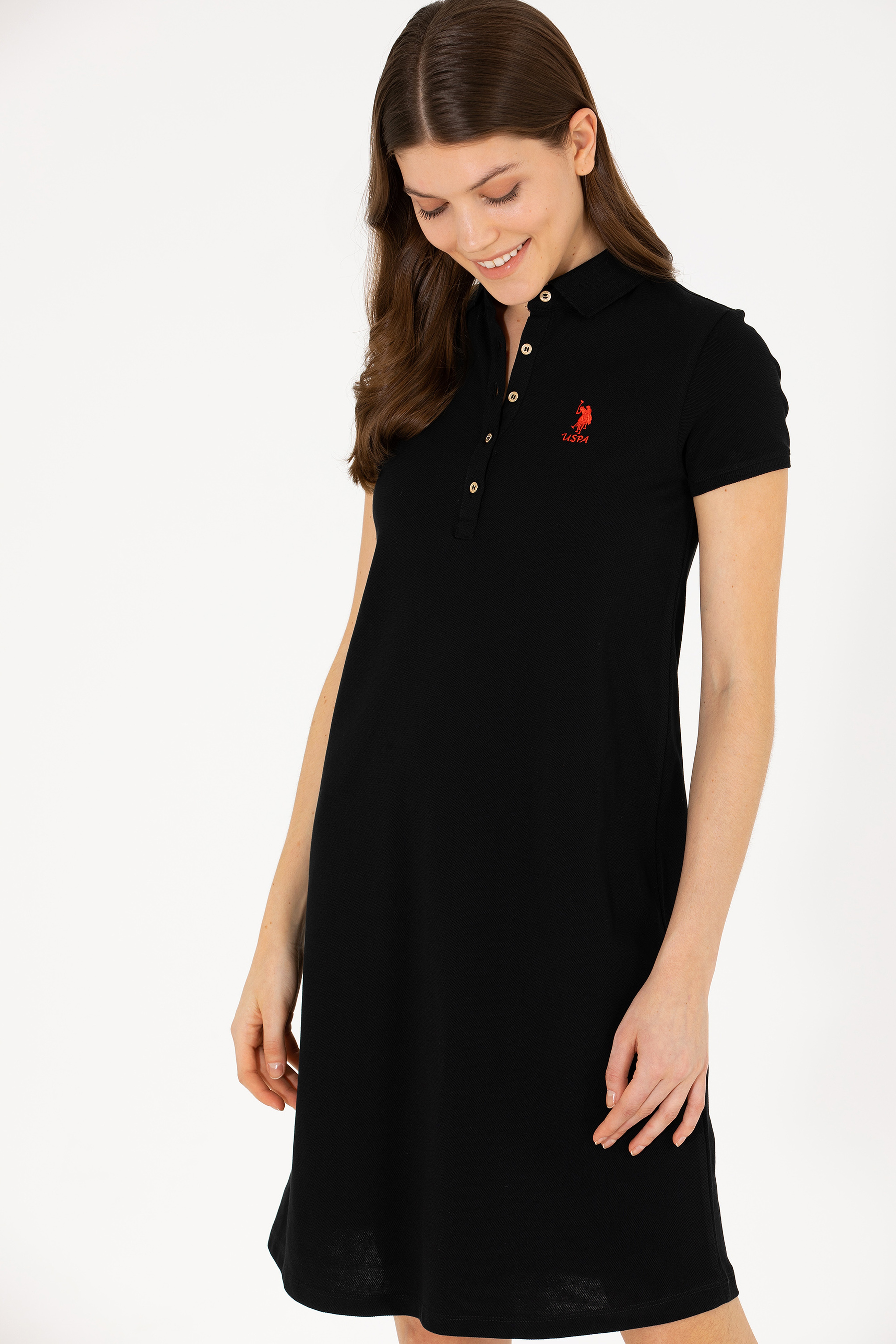 Kadın Siyah Polo Yaka Mini Boy Örme Elbise - Image 2