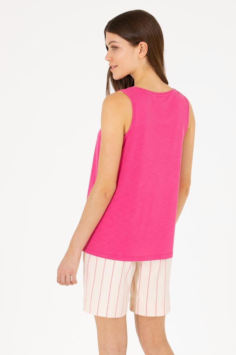 Kadın Fuşya Bisiklet Yaka Kolsuz Tişört - 50262481043