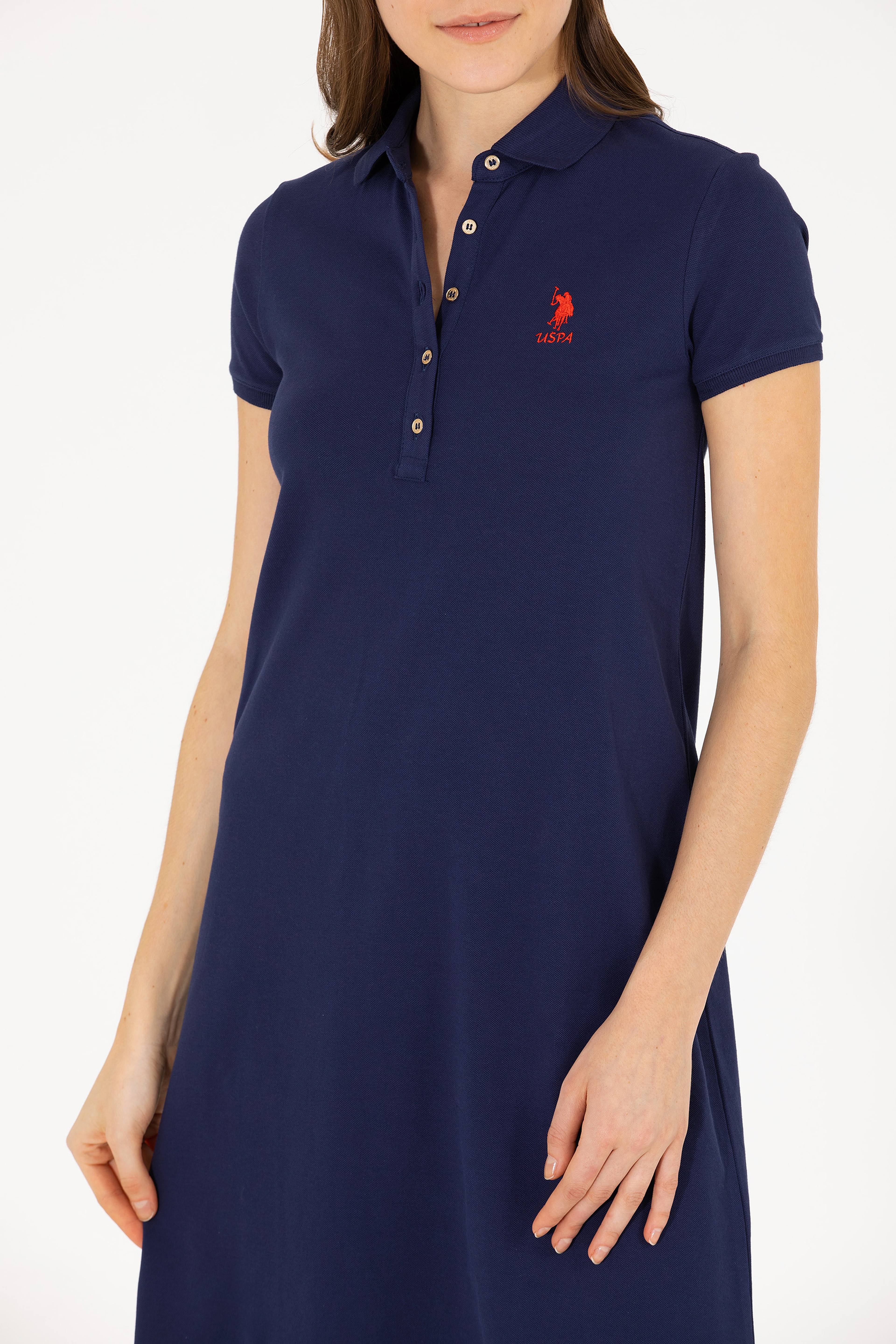 Kadın Lacivert Polo Yaka Mini Boy Örme Elbise - Image 6