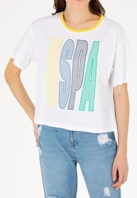 Kadın Beyaz Bisiklet Yaka Tişört - 50264203019