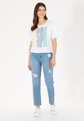 Kadın Beyaz Bisiklet Yaka Tişört - 50264203019