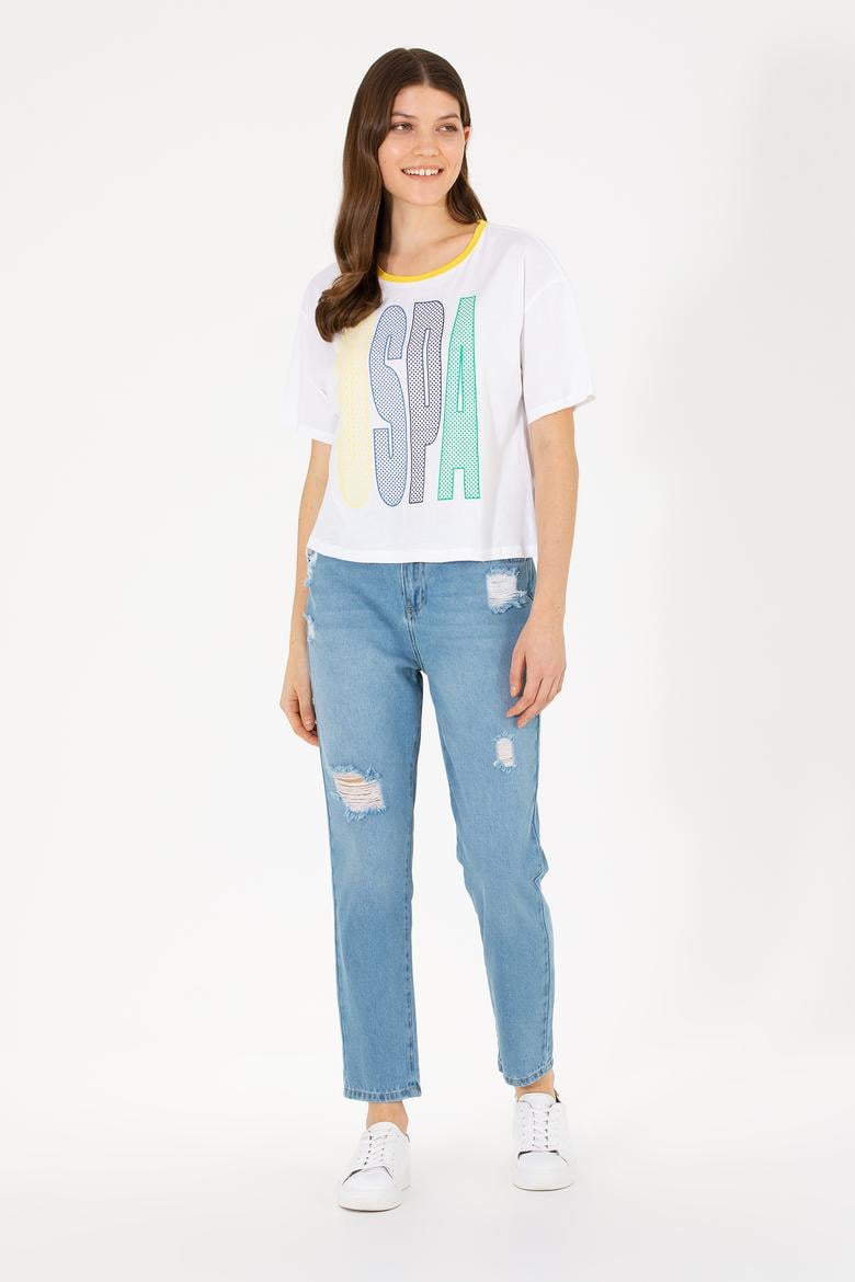 Kadın Beyaz Bisiklet Yaka Tişört - 50264203019