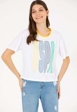 Kadın Beyaz Bisiklet Yaka Tişört - 50264203019