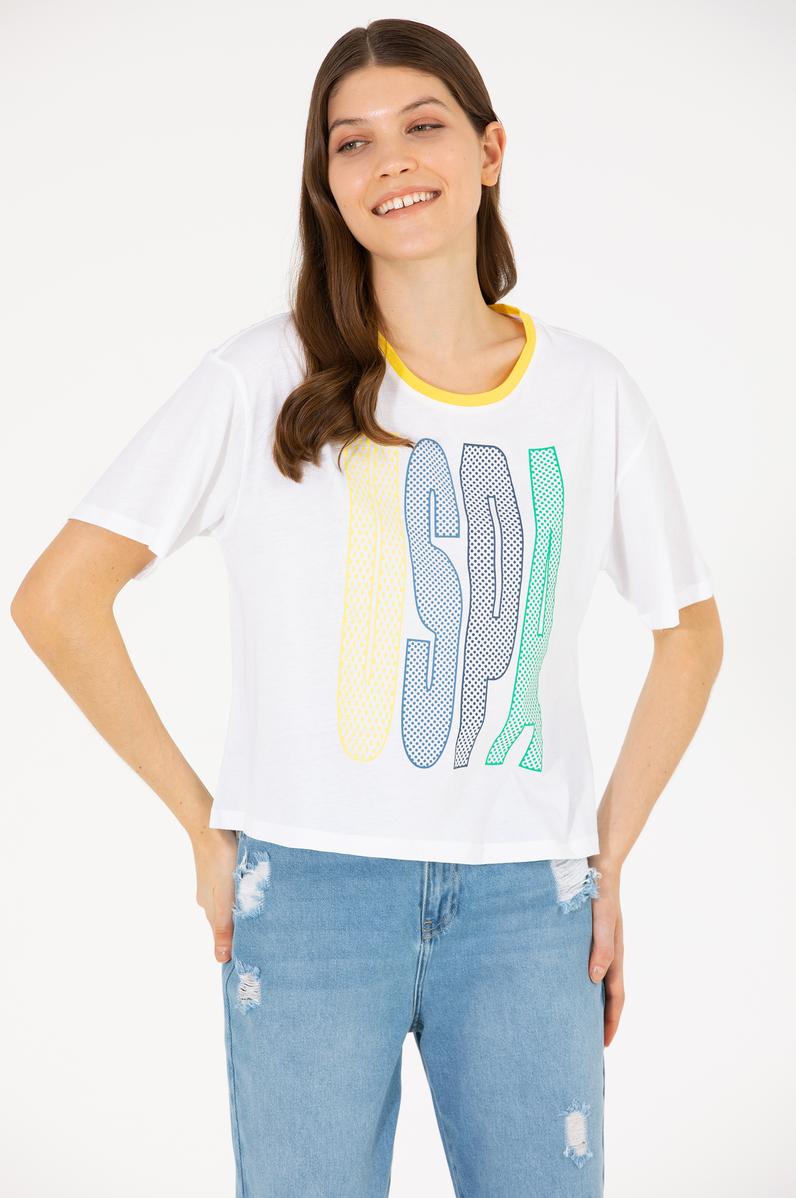 Kadın Beyaz Bisiklet Yaka Tişört