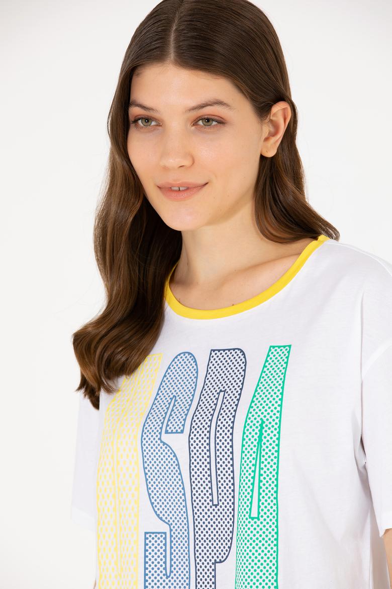 Kadın Beyaz Bisiklet Yaka Tişört - 50264203019