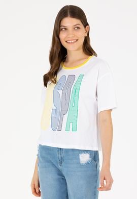 Kadın Beyaz Bisiklet Yaka Tişört - 50264203019