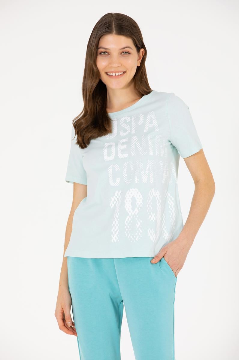 Kadın Su Yeşili Bisiklet Yaka Tişört