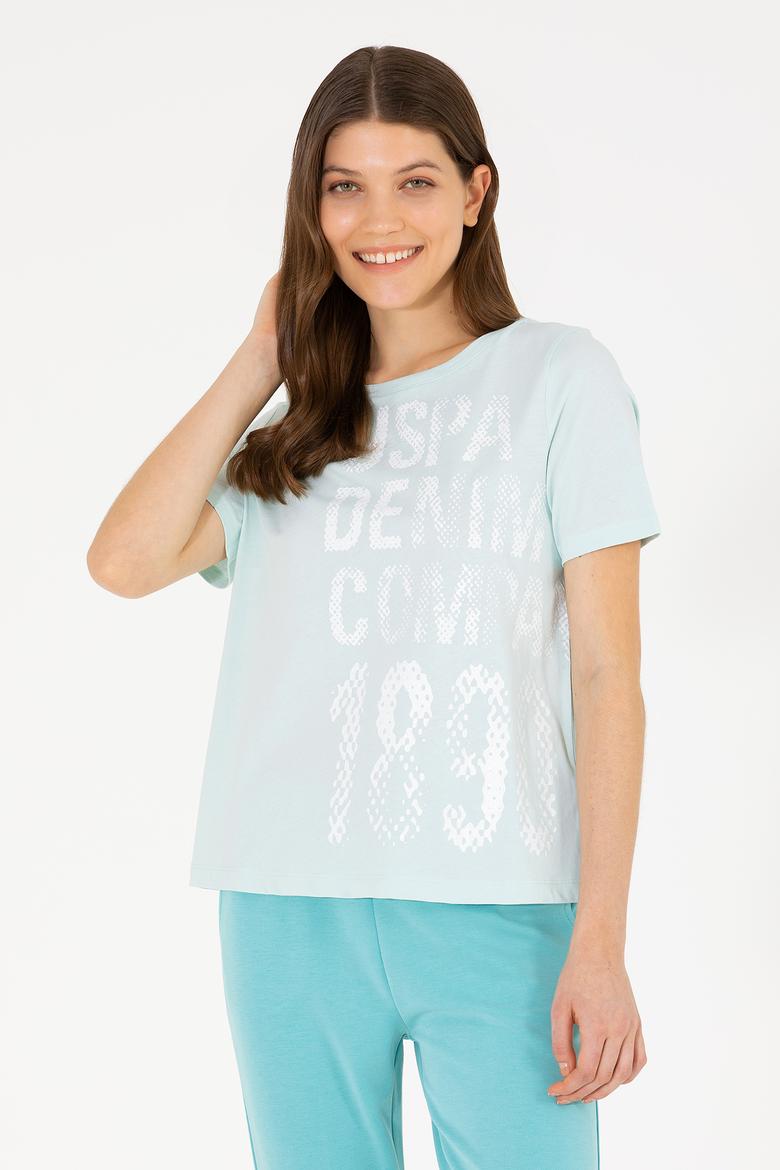 Kadın Su Yeşili Bisiklet Yaka Tişört