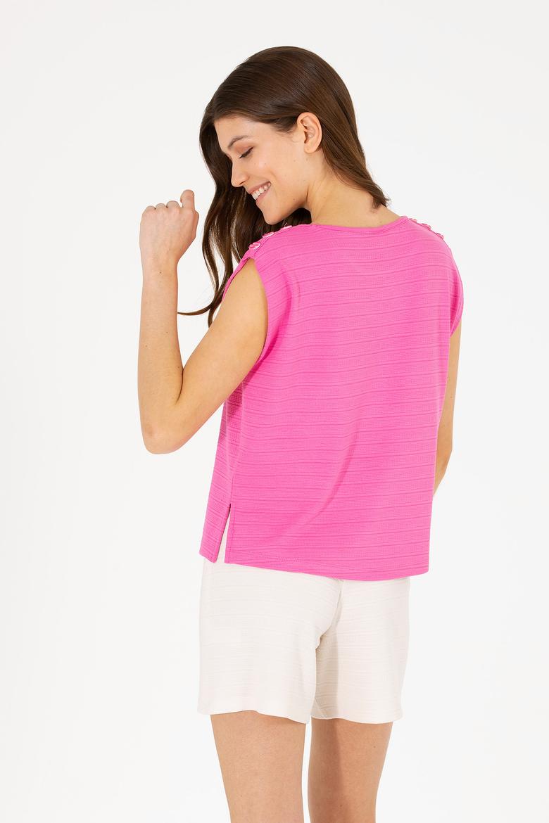 Kadın Pembe Bisiklet Yaka Kolsuz Tişört - 50263790036