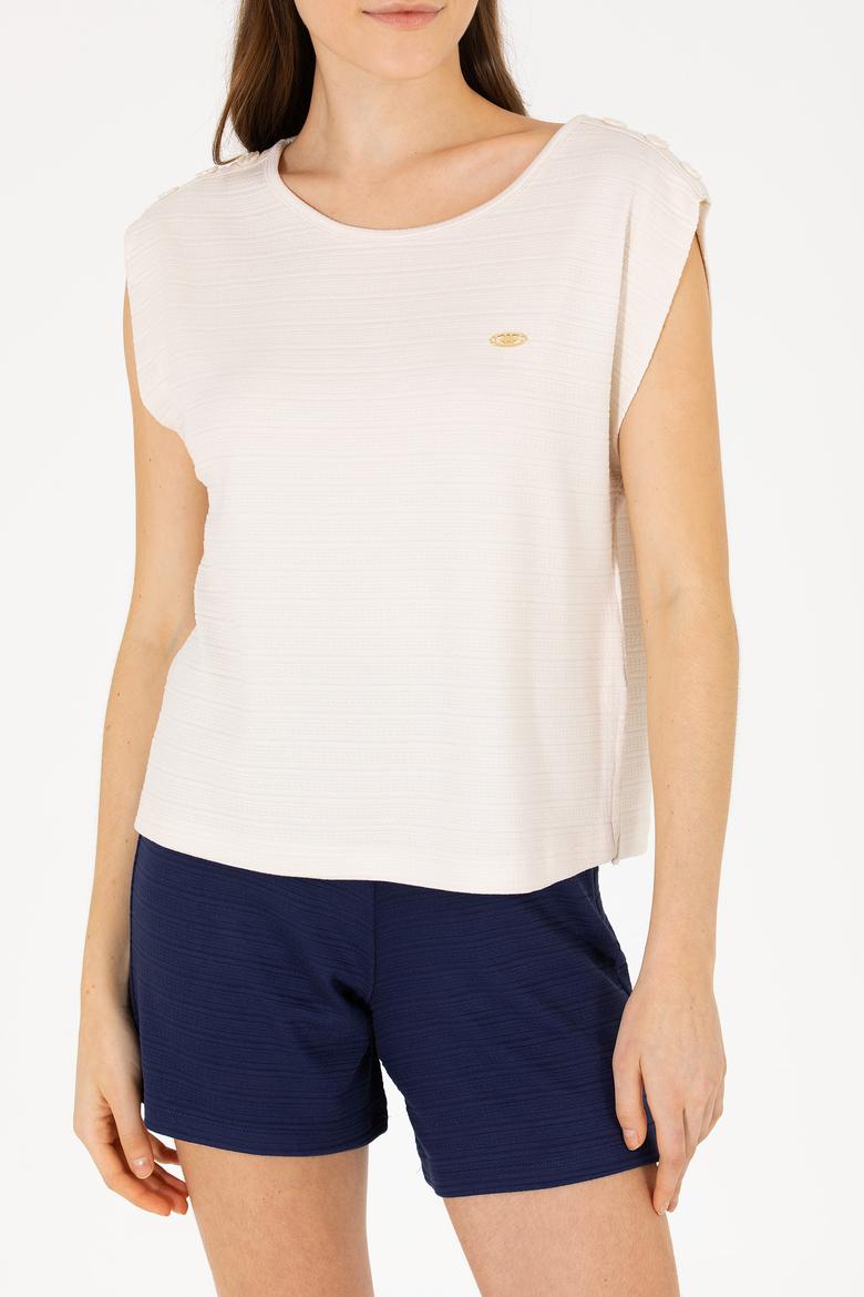 Kadın Krem Bisiklet Yaka Kolsuz Tişört - 50263790051