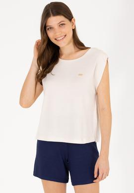 Kadın Krem Bisiklet Yaka Kolsuz Tişört - 50263790051